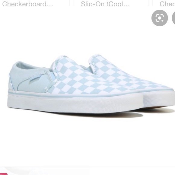 light blue checkered vans slip ons